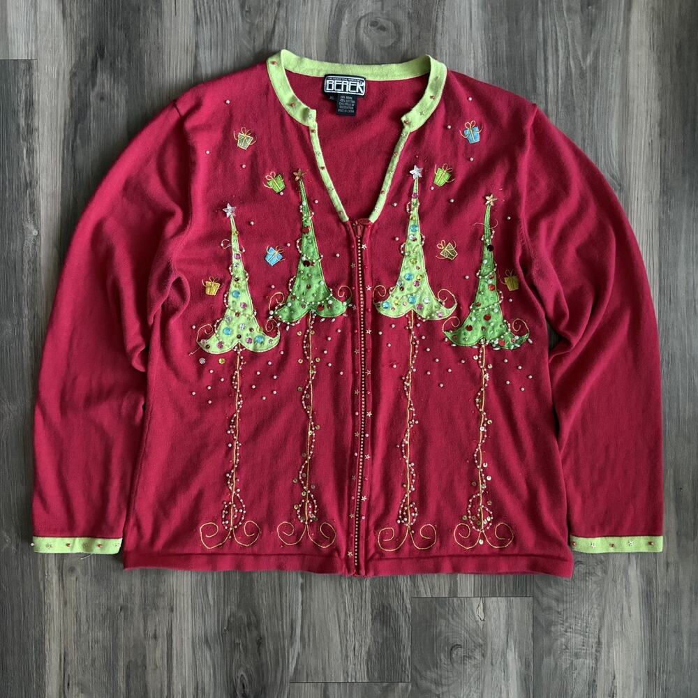 Vintage Berek Christmas Sweater Women's Size XL Red Full Zip Trees RARE 1990s